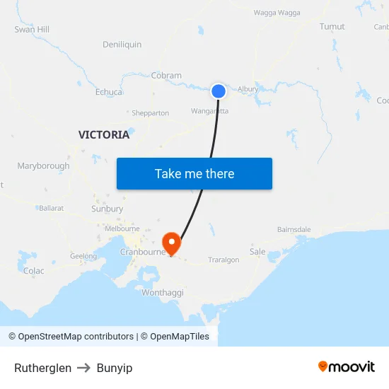Rutherglen to Bunyip map