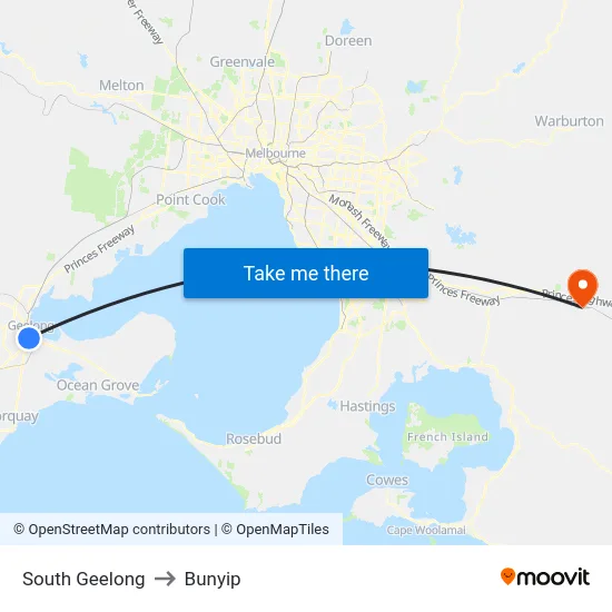 South Geelong to Bunyip map