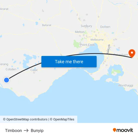 Timboon to Bunyip map