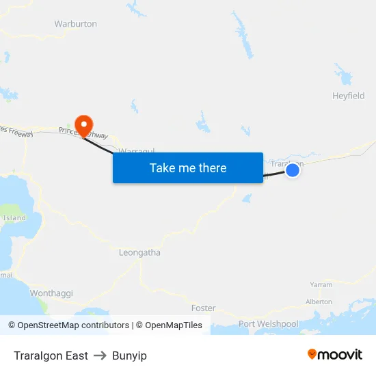 Traralgon East to Bunyip map