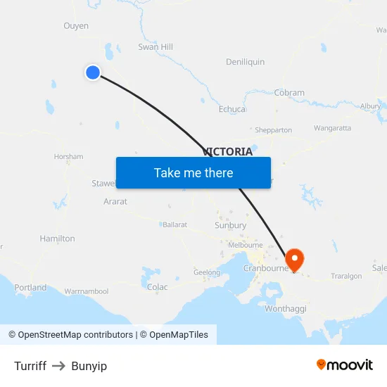 Turriff to Bunyip map