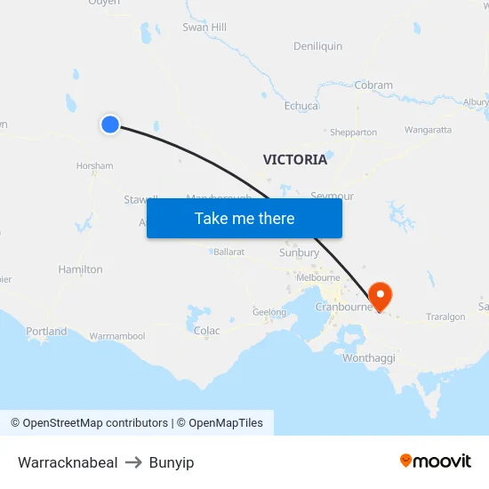 Warracknabeal to Bunyip map