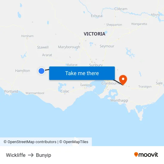 Wickliffe to Bunyip map