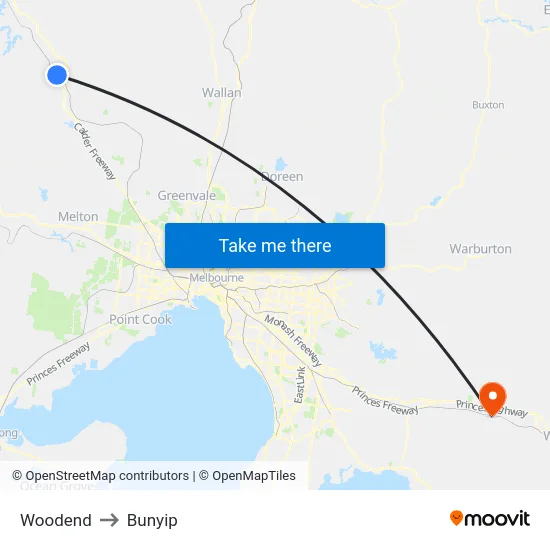 Woodend to Bunyip map