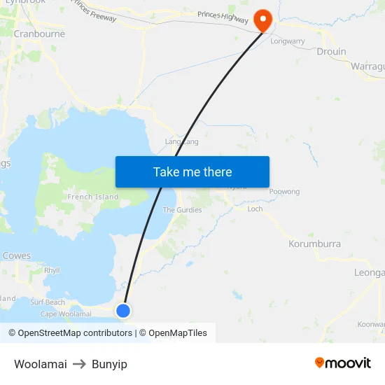 Woolamai to Bunyip map