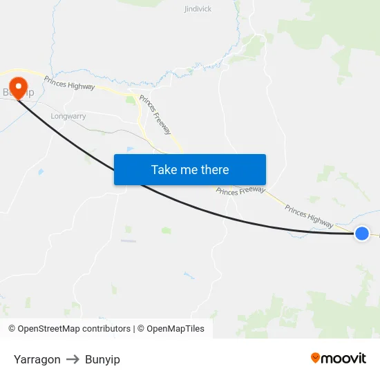 Yarragon to Bunyip map