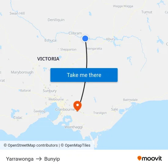 Yarrawonga to Bunyip map