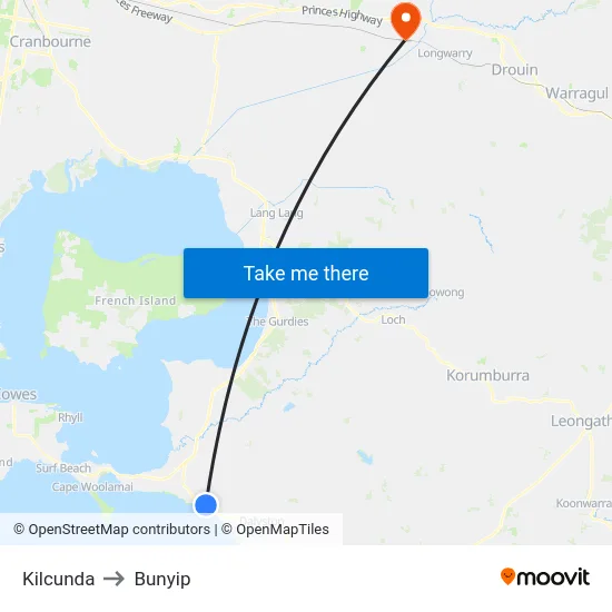 Kilcunda to Bunyip map