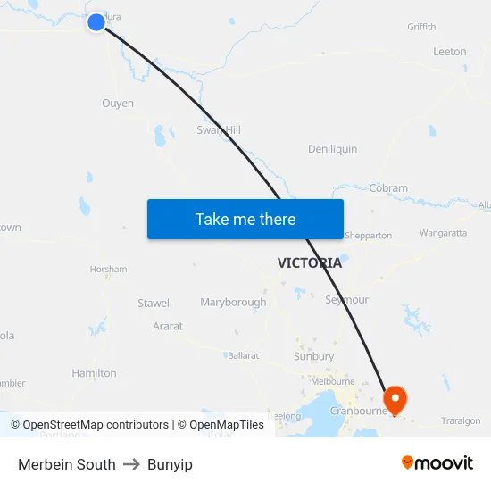 Merbein South to Bunyip map