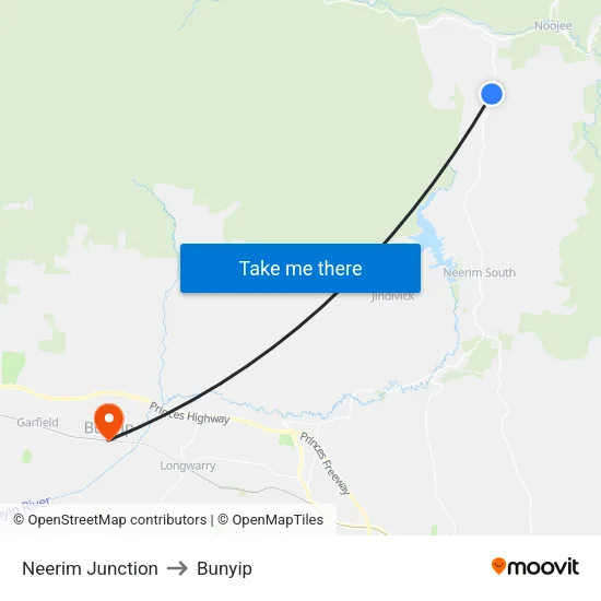 Neerim Junction to Bunyip map