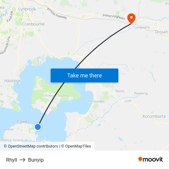 Rhyll to Bunyip map