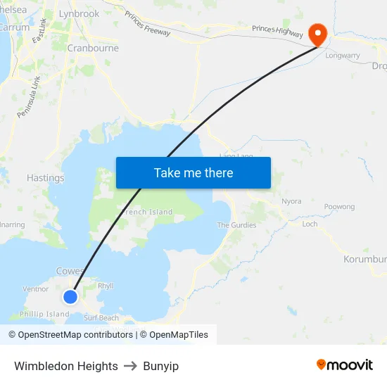 Wimbledon Heights to Bunyip map