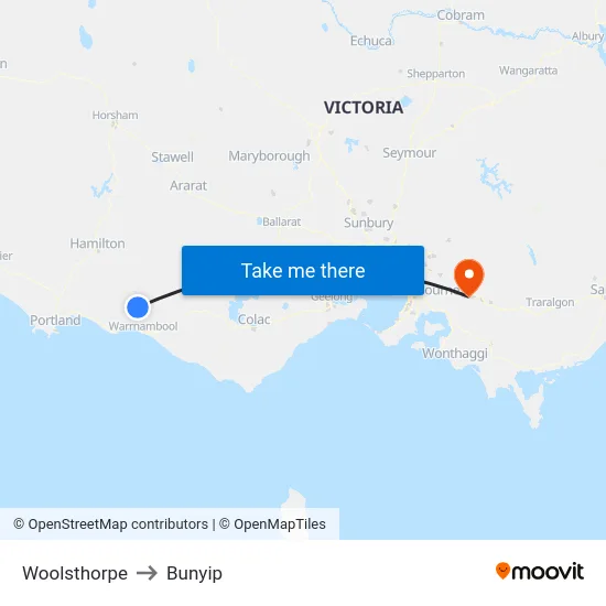 Woolsthorpe to Bunyip map