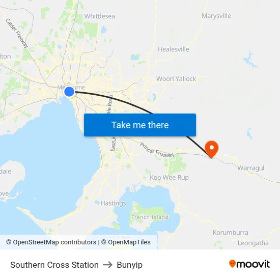 Southern Cross Station to Bunyip map