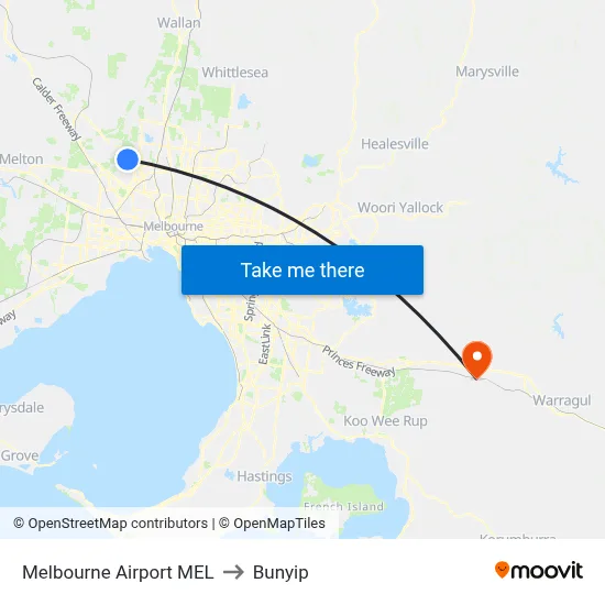 Melbourne Airport MEL to Bunyip map