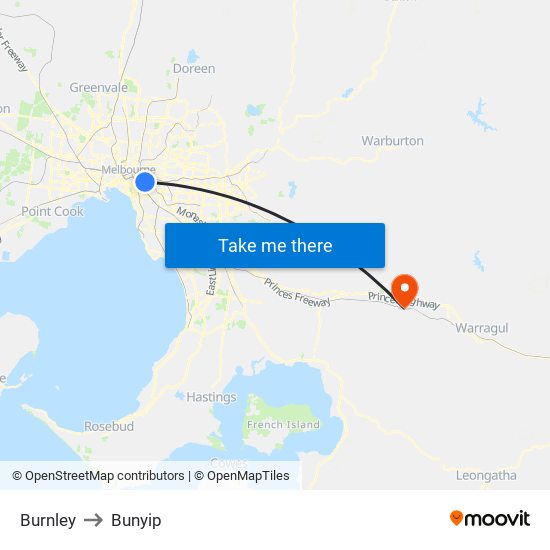 Burnley to Bunyip map