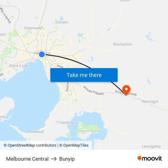 Melbourne Central to Bunyip map