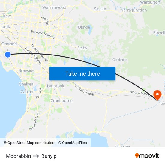 Moorabbin to Bunyip map