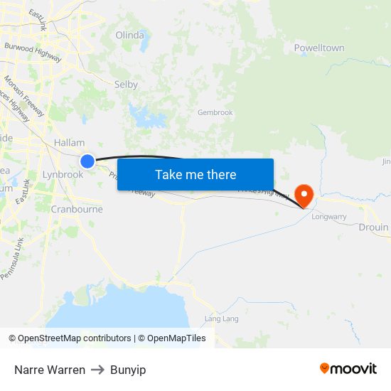 Narre Warren to Bunyip map