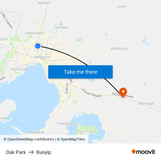Oak Park to Bunyip map