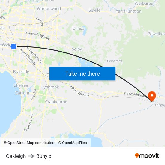 Oakleigh to Bunyip map