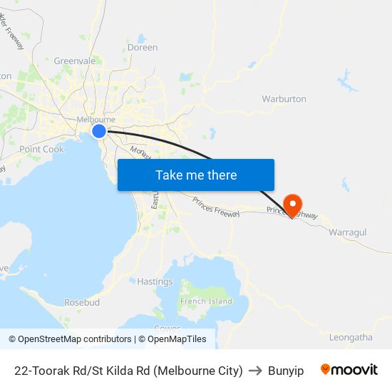 22-Toorak Rd/St Kilda Rd (Melbourne City) to Bunyip map