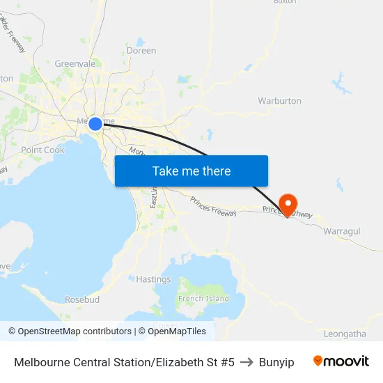 Melbourne Central Station/Elizabeth St #5 to Bunyip map