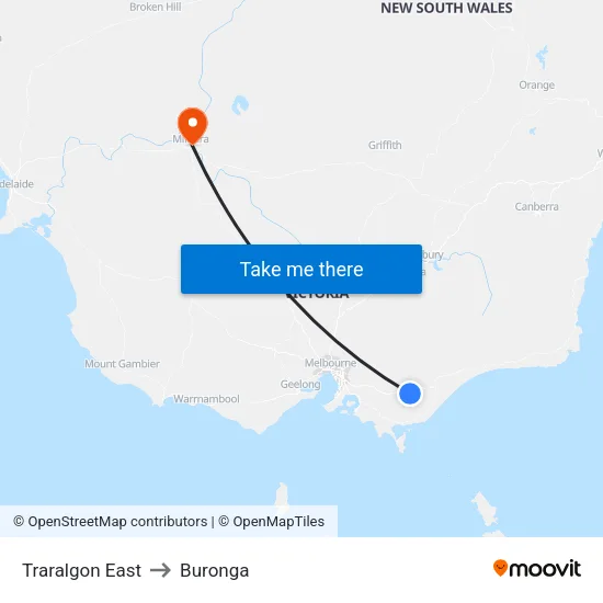 Traralgon East to Buronga map
