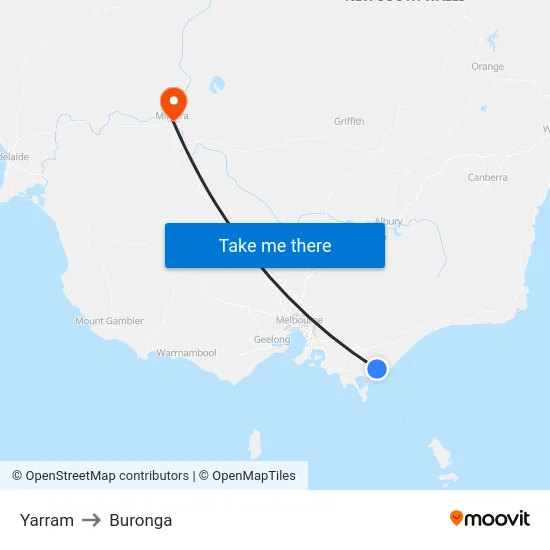 Yarram to Buronga map