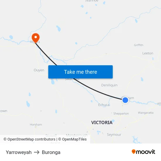 Yarroweyah to Buronga map