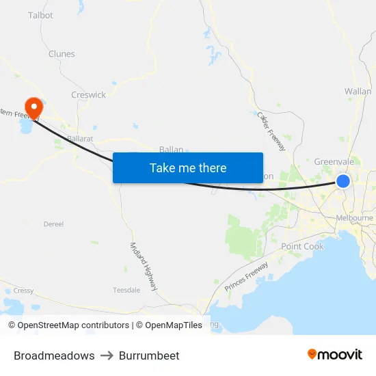 Broadmeadows to Burrumbeet map