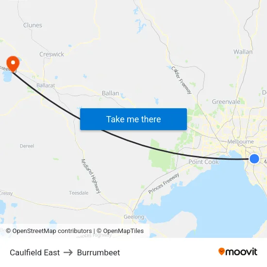 Caulfield East to Burrumbeet map