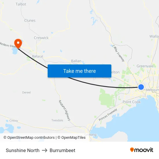 Sunshine North to Burrumbeet map