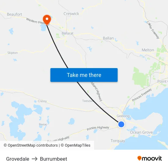 Grovedale to Burrumbeet map