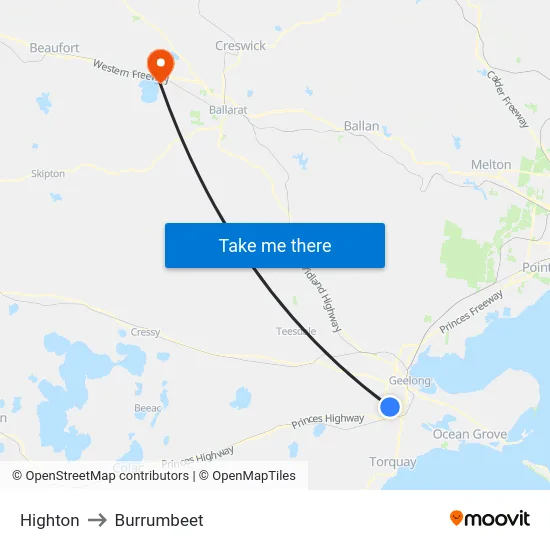 Highton to Burrumbeet map
