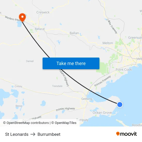 St Leonards to Burrumbeet map