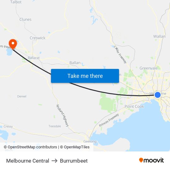 Melbourne Central to Burrumbeet map