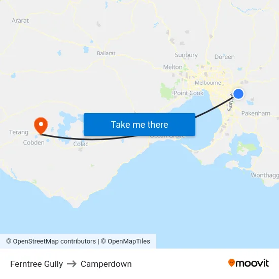 Ferntree Gully to Camperdown map