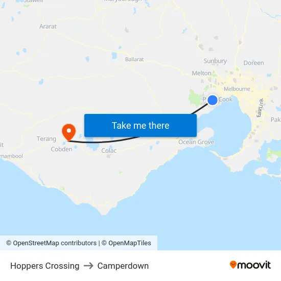 Hoppers Crossing to Camperdown map