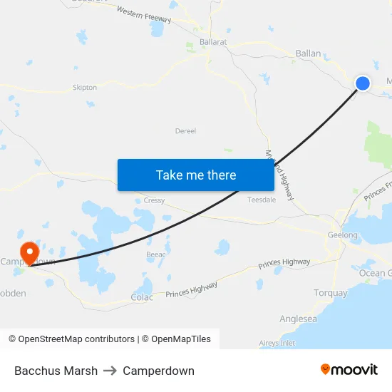 Bacchus Marsh to Camperdown map