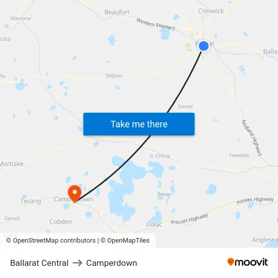 Ballarat Central to Camperdown map