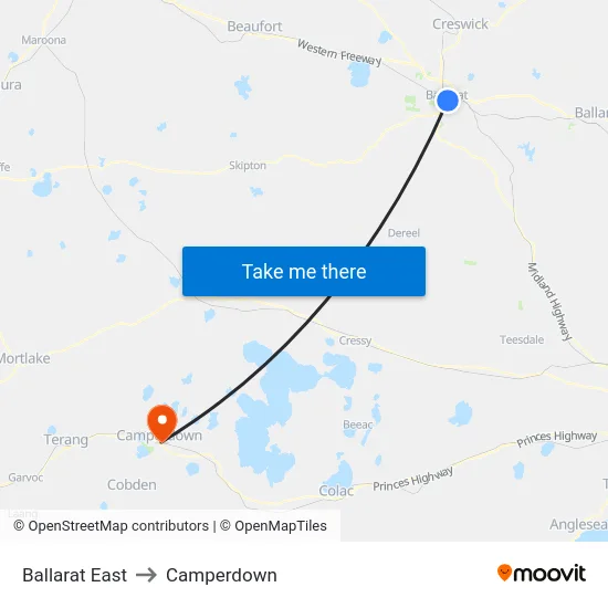 Ballarat East to Camperdown map
