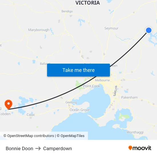 Bonnie Doon to Camperdown map