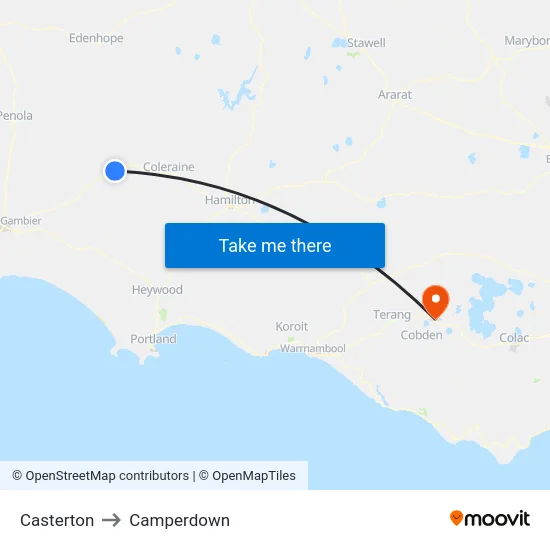 Casterton to Camperdown map