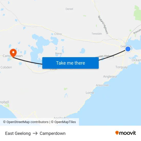 East Geelong to Camperdown map