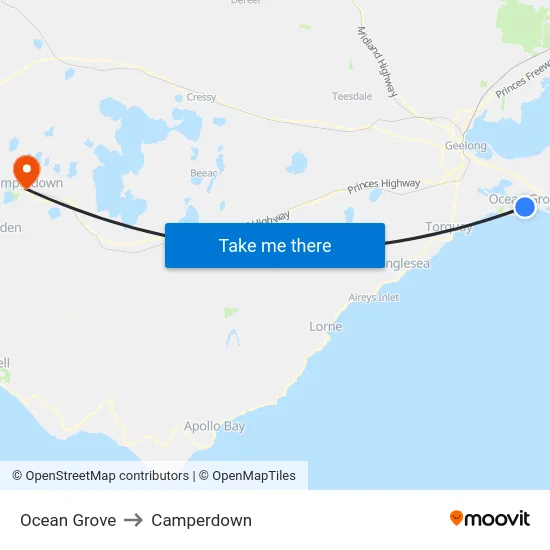 Ocean Grove to Camperdown map