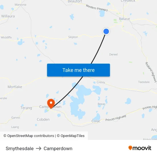 Smythesdale to Camperdown map
