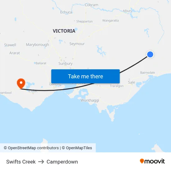 Swifts Creek to Camperdown map