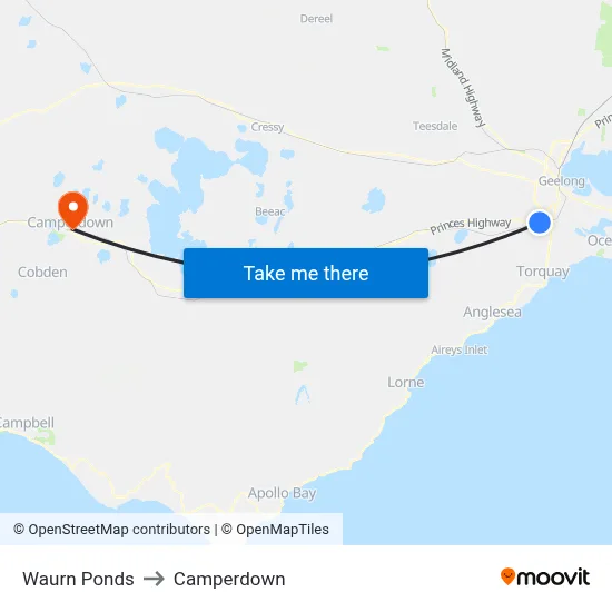 Waurn Ponds to Camperdown map