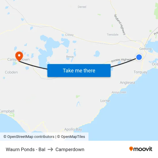 Waurn Ponds - Bal to Camperdown map